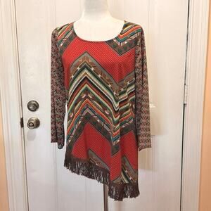 Ivy Jane Boho Southwestern Fringe Asymmetric Tunic Top Chevron Geometric Sz S